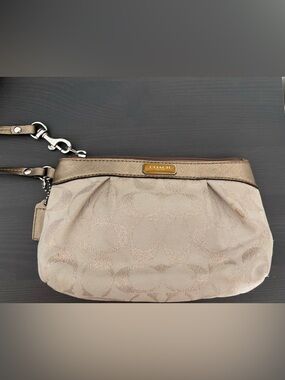 COACH Metallic Taupe Signature Wristlet Pouch